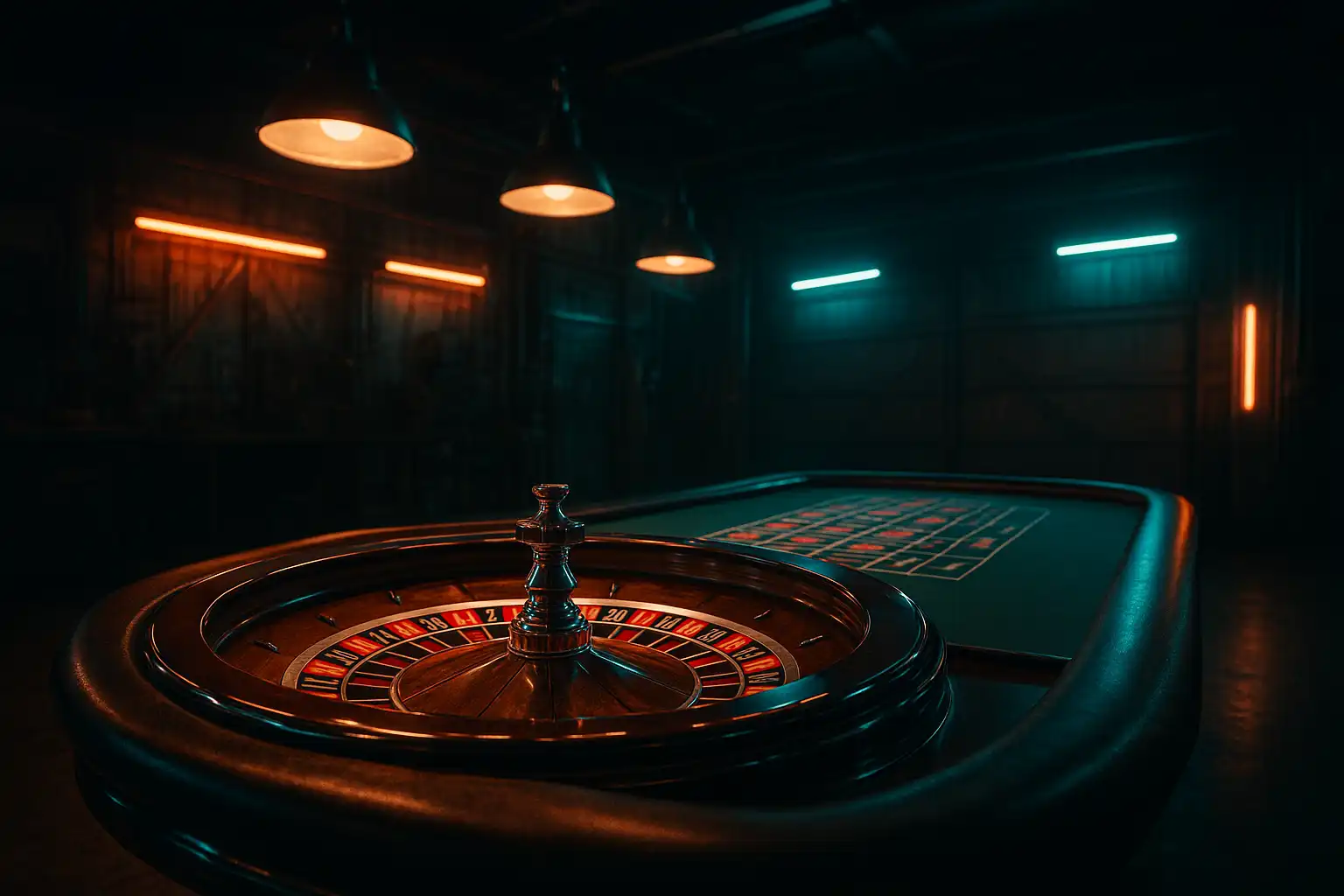 Live roulette wheel on a steel workshop table lit by dramatic industrial lighting at DieselWin Casino